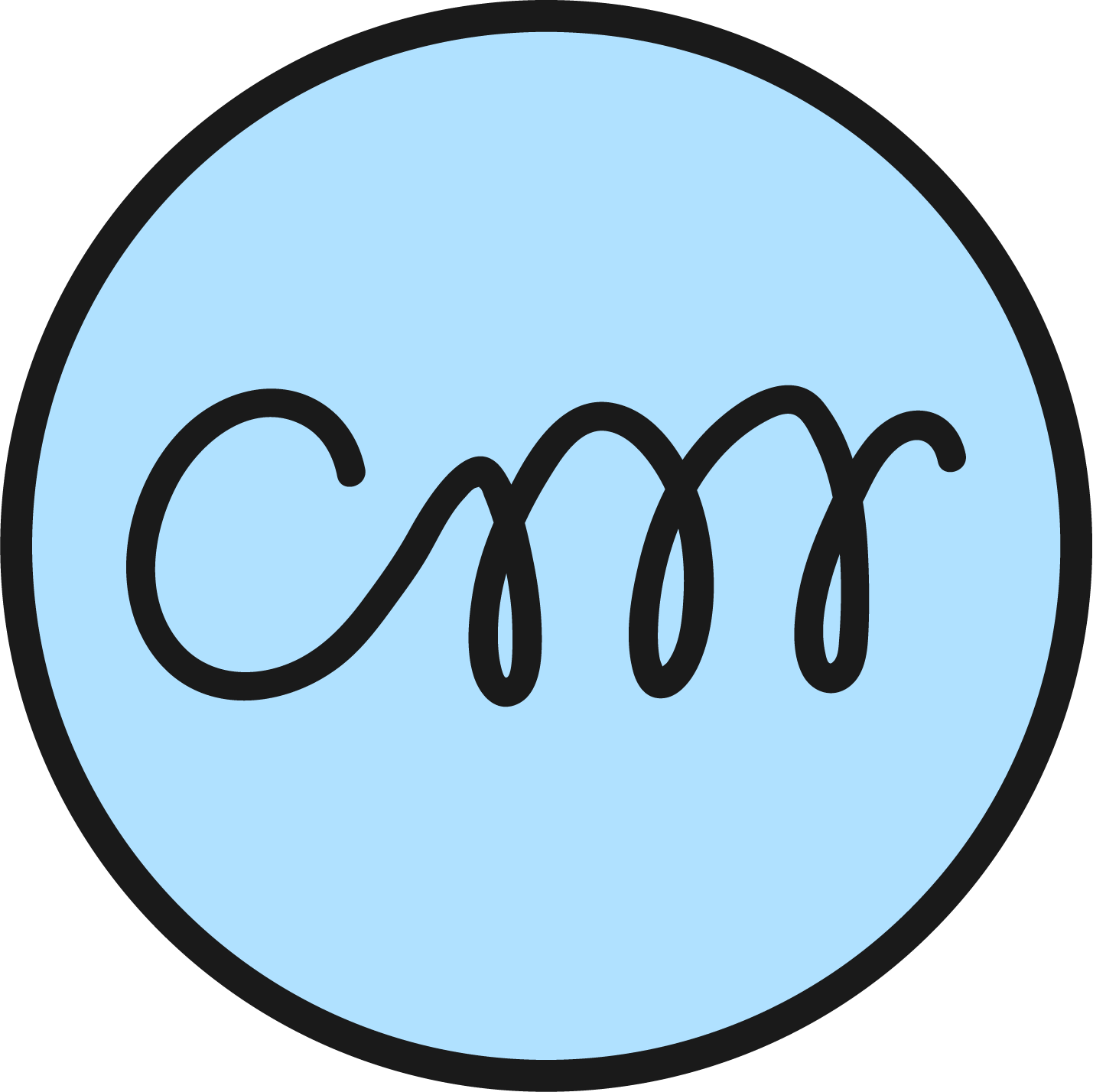 The letters CM written stylistically to look like a vending machine auger